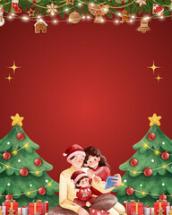 Christmas and Happy New Year Card Illustration Designed with Classic Christmas Tree Borders, Gift Decorations and Festive Seasonal Elements, Perfect for Posters, Greeting Cards and Product Packaging