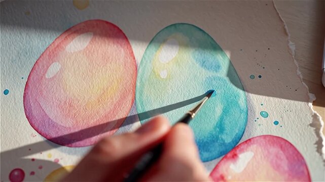 Watercolor animation of pastel Easter eggs with soft color transitions and visible brush strokes, festive seasonal design for spring campaigns.