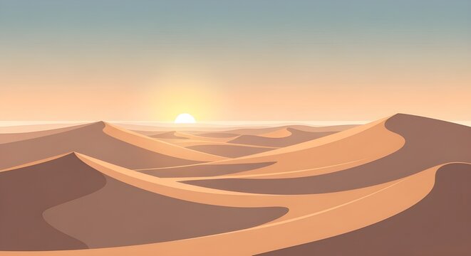 Serene desert landscape at sunset, golden light over sand dunes