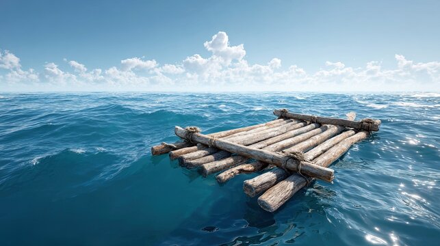 A wooden raft floats on calm ocean waters under a clear blue sky, surrounded by gentle waves and fluffy clouds.