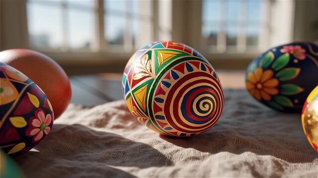 Close‑ups of vividly painted Easter eggs with unique hand‑drawn patterns. Intricate designs and bright colors create a festive, artisanal feel. holiday cards, social media, premium Easter campaigns.