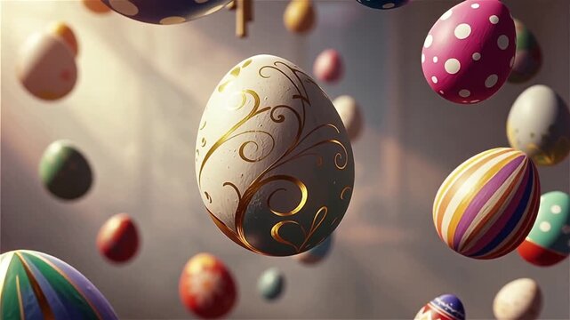 Kinetic composition of many colorful painted Easter eggs floating in space, festive abstract design for spring campaigns and creative visuals.
