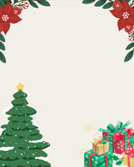Christmas and New Year Greeting Card Illustration with Cream Background, Framed Christmas Trees, Wrapped Gifts and Decorative Holiday Icons, Ideal for Festive Posters, Packaging Designs, Social media