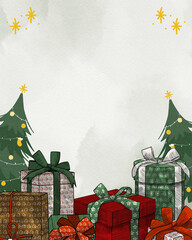 Christmas and Happy New Year Greeting Card Illustration Featuring Cream Background, Classic Christmas Tree Frames, Gift Boxes and Festive Elements, Perfect for Holiday Cards, Posters, Packaging.