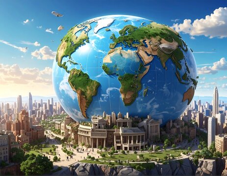 Large Earth globe atop city buildings, sunny blue sky background