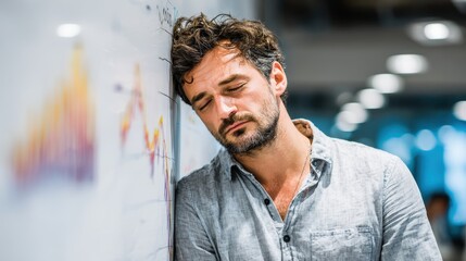 Bearded man leans on a whiteboard with graphs looking tired and stressed. Represents burnout, overwork, or frustration with business challenges.