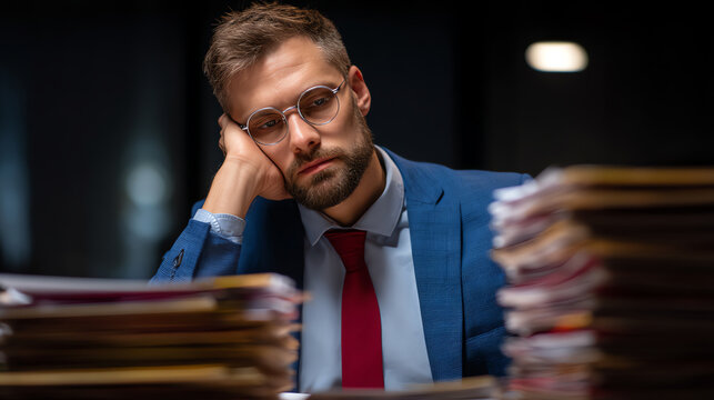 Tired businessman in glasses and suit rests his head on his hand, surrounded by large stacks of paperwork in a dimly lit office, reflecting stress and fatigue