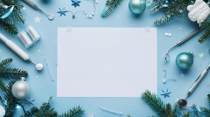 Festive dental holiday mockup with christmas ornaments and winter decor for seasonal design. Flat lay. Template for dentist office. Horizontal banner. Copy space. Top view