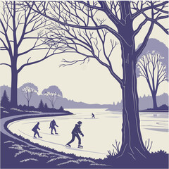 People ice skating on a frozen lake surrounded by bare trees in winter