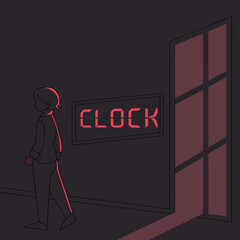 Person walks towards a glowing red digital clock and a window