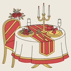 Romantic dinner table setting with roses and candles