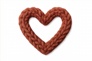 A chunky knitted heart-shaped frame made of reddish-brown yarn with a detailed braided texture, creating a warm and cozy symbol of love and affection for Valentine's Day