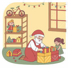 Santa claus and children preparing christmas gifts together