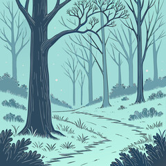 Serene winter forest path with bare trees and soft blue light
