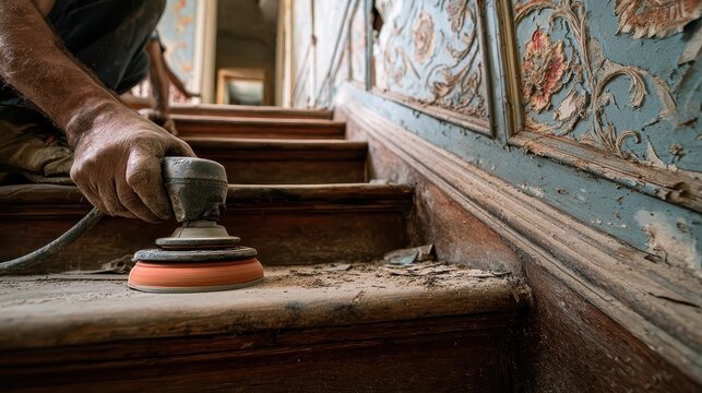 A man sands old, ornate stairs with a power tool during home renovation. Showcasing home improvement or restoration projects, and DIY renovations.