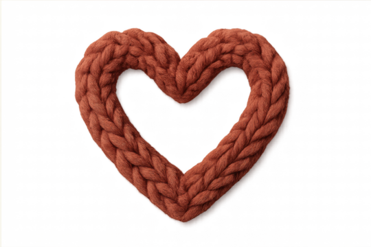 A chunky knitted heart-shaped frame made of reddish-brown yarn with a detailed braided texture, creating a warm and cozy symbol of love and affection for Valentine's Day