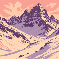 Stylized mountain landscape with snow and clouds