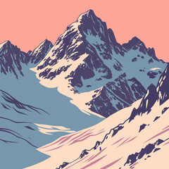 Stylized mountain landscape with snow and pink sky