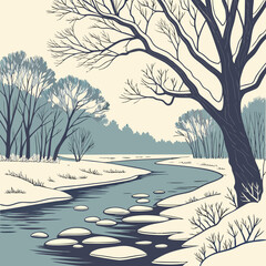 Stylized winter landscape with a winding river and bare trees