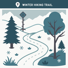Stylized winter hiking trail with snow and mountains