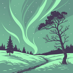 Stylized winter landscape with aurora borealis and silhouetted trees