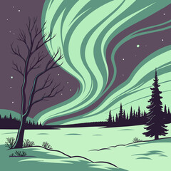 Stylized winter landscape with aurora borealis and silhouette trees
