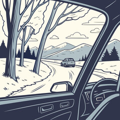 View from car window of a scenic winter road trip through snowy mountains