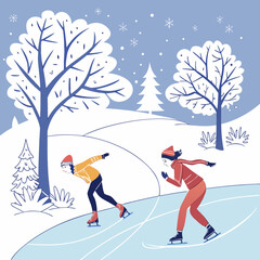 Two people ice skating on a frozen pond in a snowy winter landscape