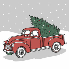 Vintage red truck carrying a decorated christmas tree in the snow