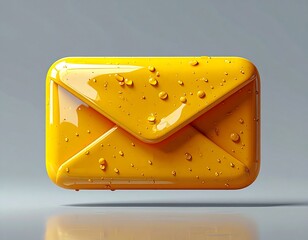 Glossy yellow mail icon with realistic water droplets, 3D rendering on a gray background