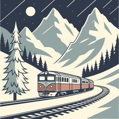 Vintage train traveling through snowy mountains under a starry night sky