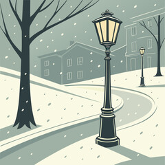Vintage street lamp illuminates a snowy winter village scene