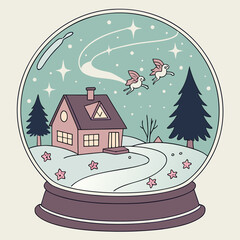 Whimsical snow globe scene with flying creatures and cozy house
