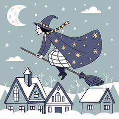 Whimsical witch flying on broomstick over snowy village under crescent moon