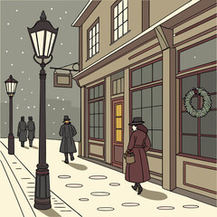 Vintage winter street scene with people walking past a shop decorated for christmas