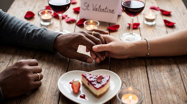 Diverse couple holding hands across a rustic wooden table with wine glasses, a heart-shaped cheesecake and romantic candlelit ambiance, celebrating valentine's day