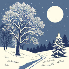 Winter landscape with bare tree under full moon and snowy path