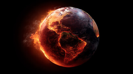 Earth engulfed in flames, highlighting the Americas with fiery heat and glowing lava-like eruptions, symbolizing global warming and environmental crisis