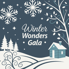 Winter wonders gala invitation design with snowflakes and cabin
