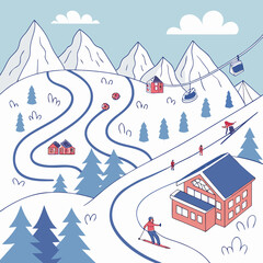 Winter ski resort scene with mountains skiers and cable cars
