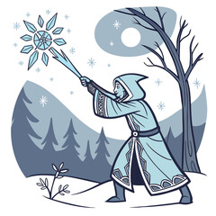 Wizard conjures a giant snowflake in a winter wonderland