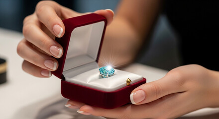 Elegant hands open a velvet ring box to reveal a stunning gemstone ring, making a perfect moment for celebration and love, ideal for jewelry advertisements
