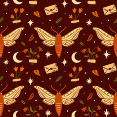 Butterfly seamless pattern design with vector illustration of various exotic plants and flowers, folk moth, in summer boho aesthetic, cartoon funky groovy style