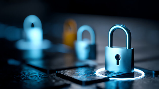 A close-up of multiple padlocks on a dark surface, with a glowing circle highlighting the front lock, symbolizing security and protection in a digital or physical context - Powered by Adobe