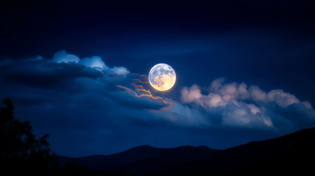 Full moon shining brightly above dark mountain silhouettes, partially veiled by illuminated clouds in a deep blue night sky