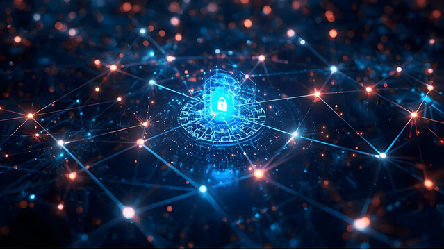 Abstract digital network with glowing connections and central processor