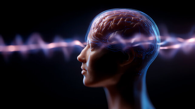 Side profile of a human head with a translucent brain and a glowing wave passing through, symbolizing brain activity, neural signals, or cognitive processes in a digital environment
