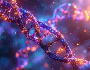 Glowing 3D rendering of a DNA double helix strand with bokeh background