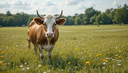 Brown and White Cow in a Sunny Flower Meadow