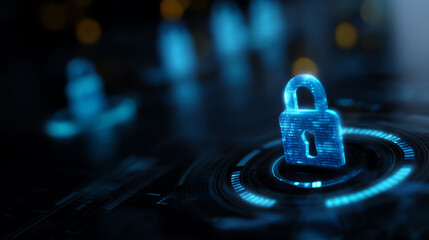 A glowing digital padlock symbolizing cybersecurity and data protection on a futuristic interface with blue tones and abstract tech elements in the background